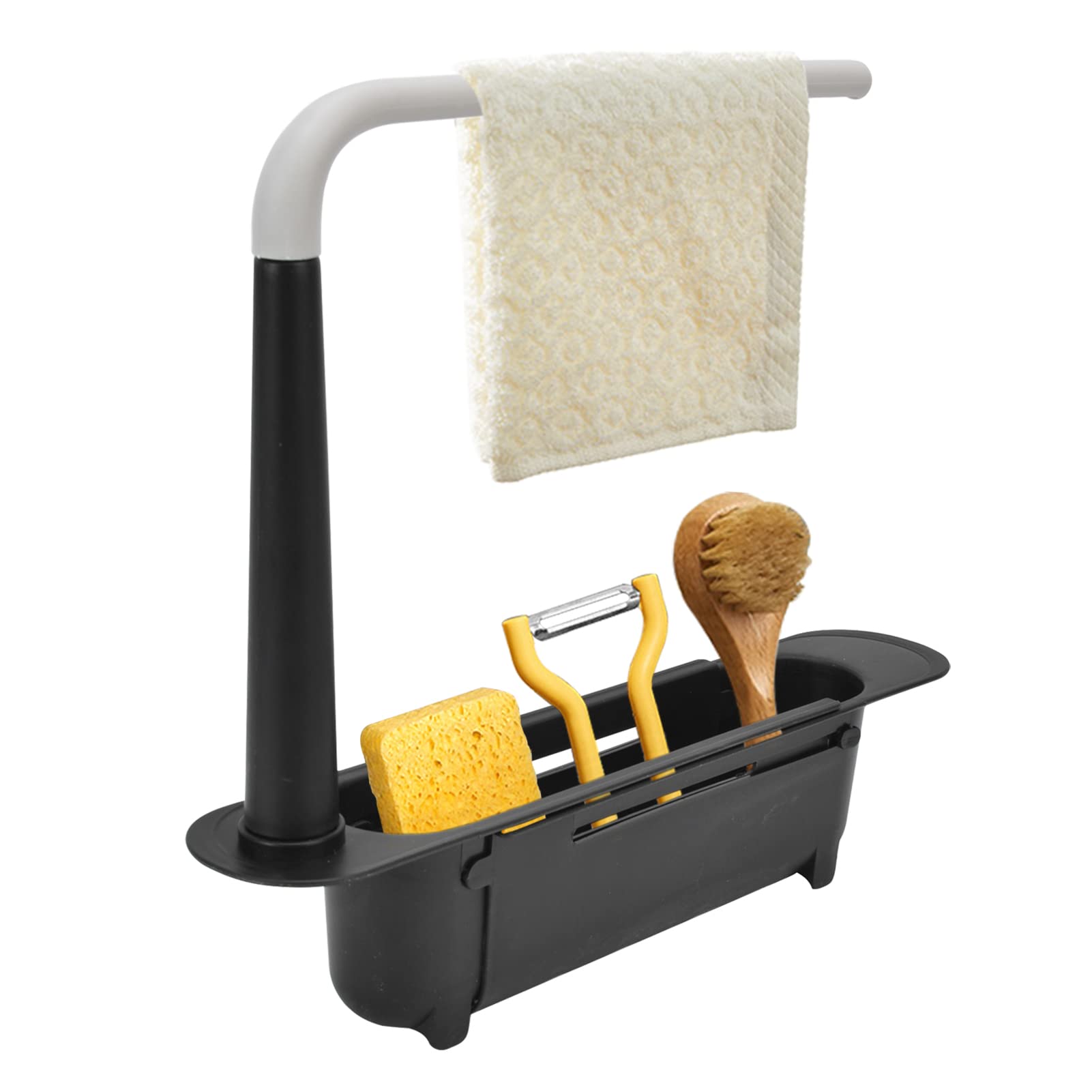 Cyrank Sink Caddy Organiser,Telescopic Sink Rack,Sink Drain Telescoping Rack Kitchen Sink Tidy Organiser,Adjustable Drainer Sink Tray Sponge Soap Holder with Towel Bar for Home Kitchen