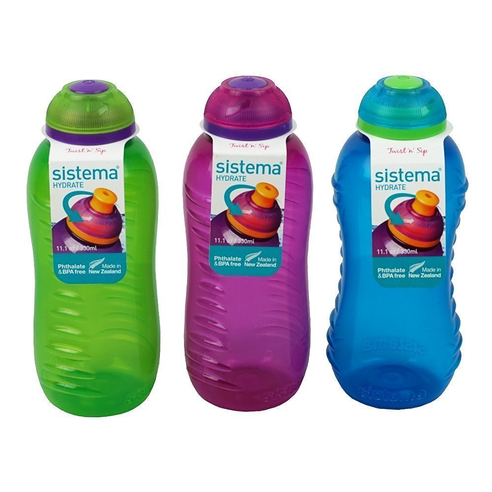 3 Sistema 330ml Drink Bottles, Aqua Blue, Lime Green, Pink