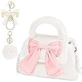 Abbylike 3 Pcs Bow Knot Furry Crossbody Purses with Fluffy Pom Pom Keychain and Pearl Bow Charm Cute Women Handbags
