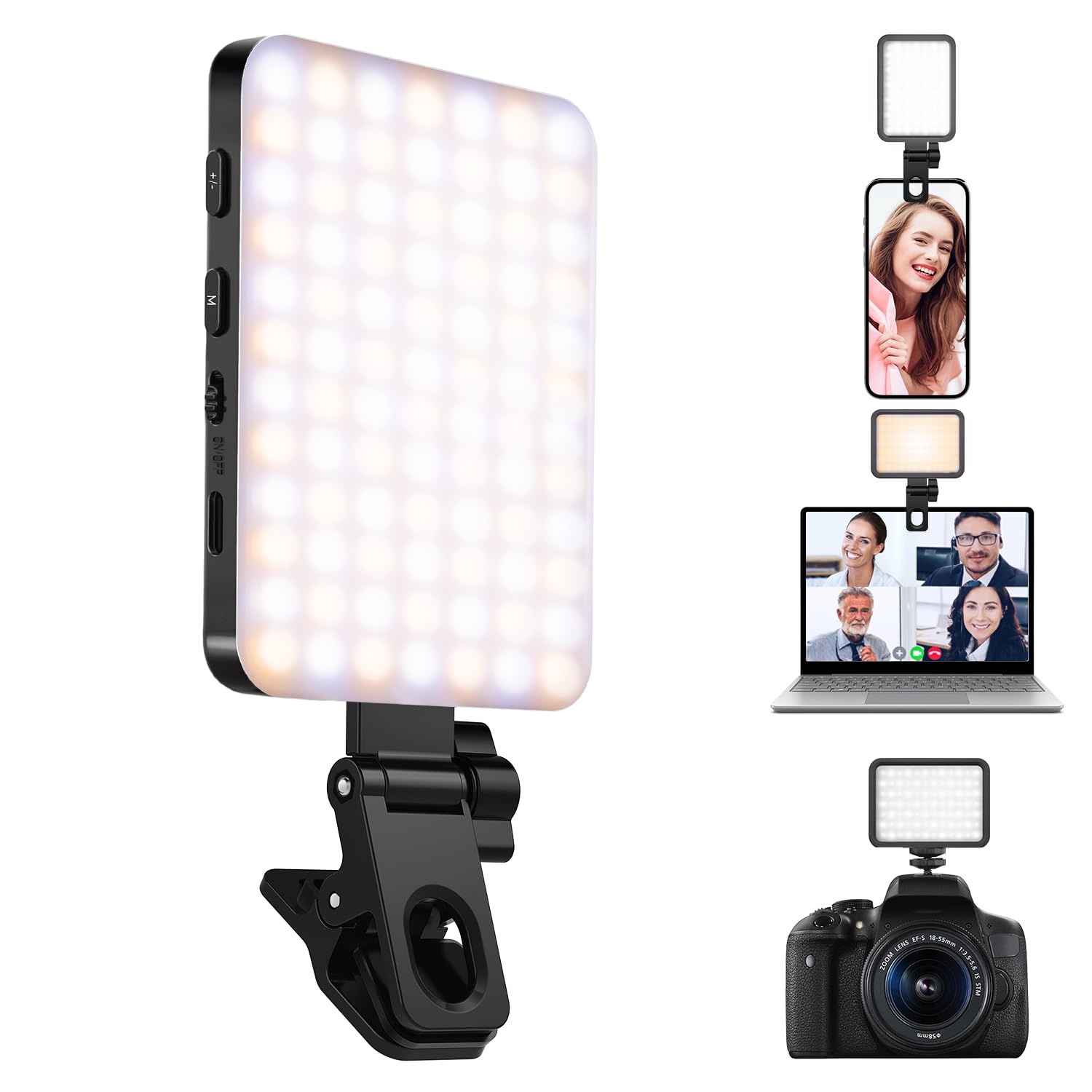 K&F CONCEPT 84 LED Selfie Light Portable Video Light with Clip & Camera Tripod Adapter CRI 95+, Rechargeable 2000mAh 3 Light Modes for Phone Laptop TikTok Makeup