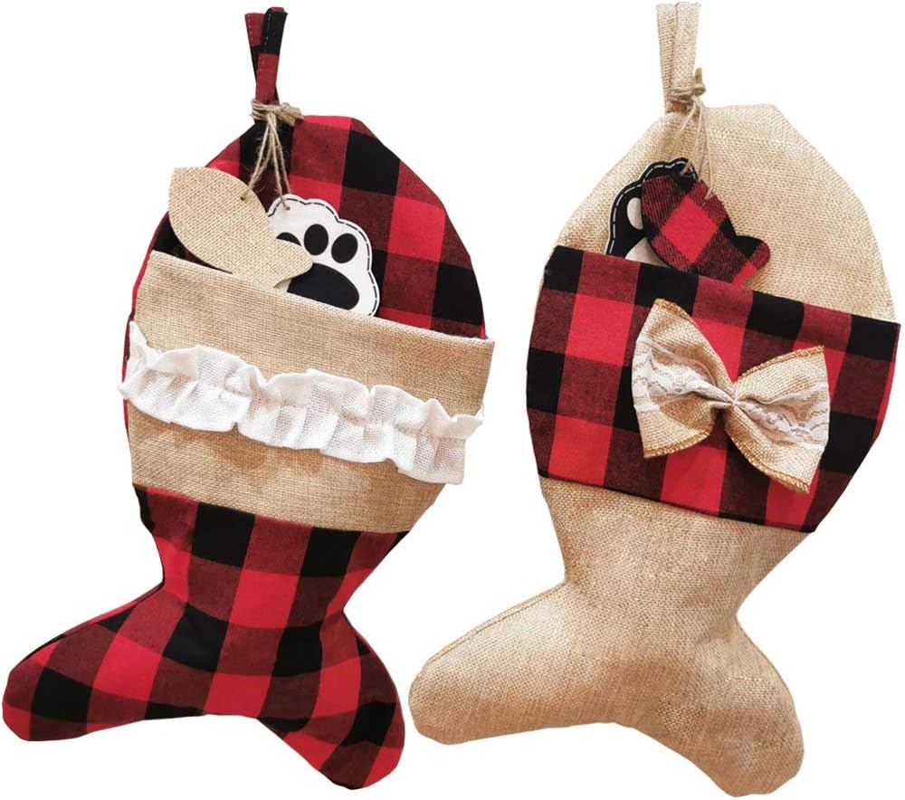 Stockings & Holders - YELAIVP Pet Christmas Stockings for Cats Burlap Plaid Holiday Hanging Fish Socks Fireplace Tree Christmas Decoration