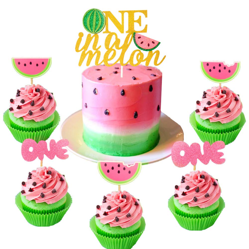 Photo 1 of JeVenis 25 PCS Watermelon Cupcake Topper One in a Melon Cake Decoration One in a Melon Birthday Decoration