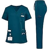 VIAOLI Scrubs for Women Set Modern V-Neck Top & 8 Pocket Jogger Pants Nursing Uniform Solid Stretch Workwear