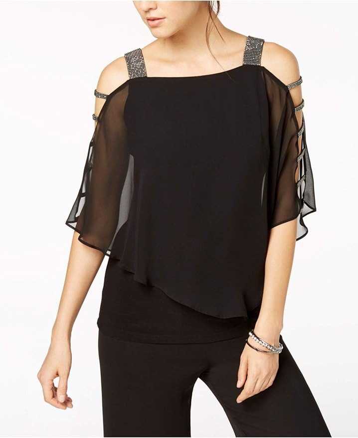 MSK Womens Black Cut Out Embellished 3/4 Sleeve Square Neck Evening Top