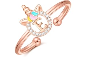 CIVOKINA Dainty Initial Unicorn Rings for Girls Gifts, 14K Gold Plated/Rose Gold/Silver Unicorn Rings for Girls Cute Initial Toddler Ring Hypoallergenic Adjustable Letter Rings for Teen Girls Gifts
