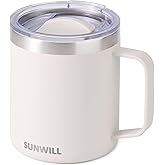 SUNWILL Travel Coffee Mug with Lid, Insulated Tumbler with Handle, 14 oz Stainless Steel Cup for Home, Office, Camping, Powder Coated Cream