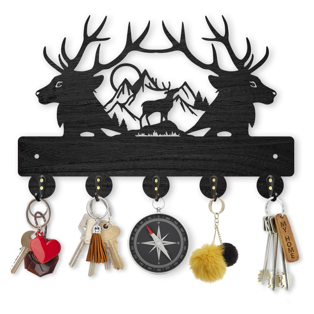 MAYJOYDIY Deer Mountain Forest Coat Hooks - Wall Mounted 30x20cm Black Wooden Deer Key Holder with 5 Alloy Hooks - Wall Art Decor for Towel, Key, Kitchen, Bedroom, Entryway Gifts