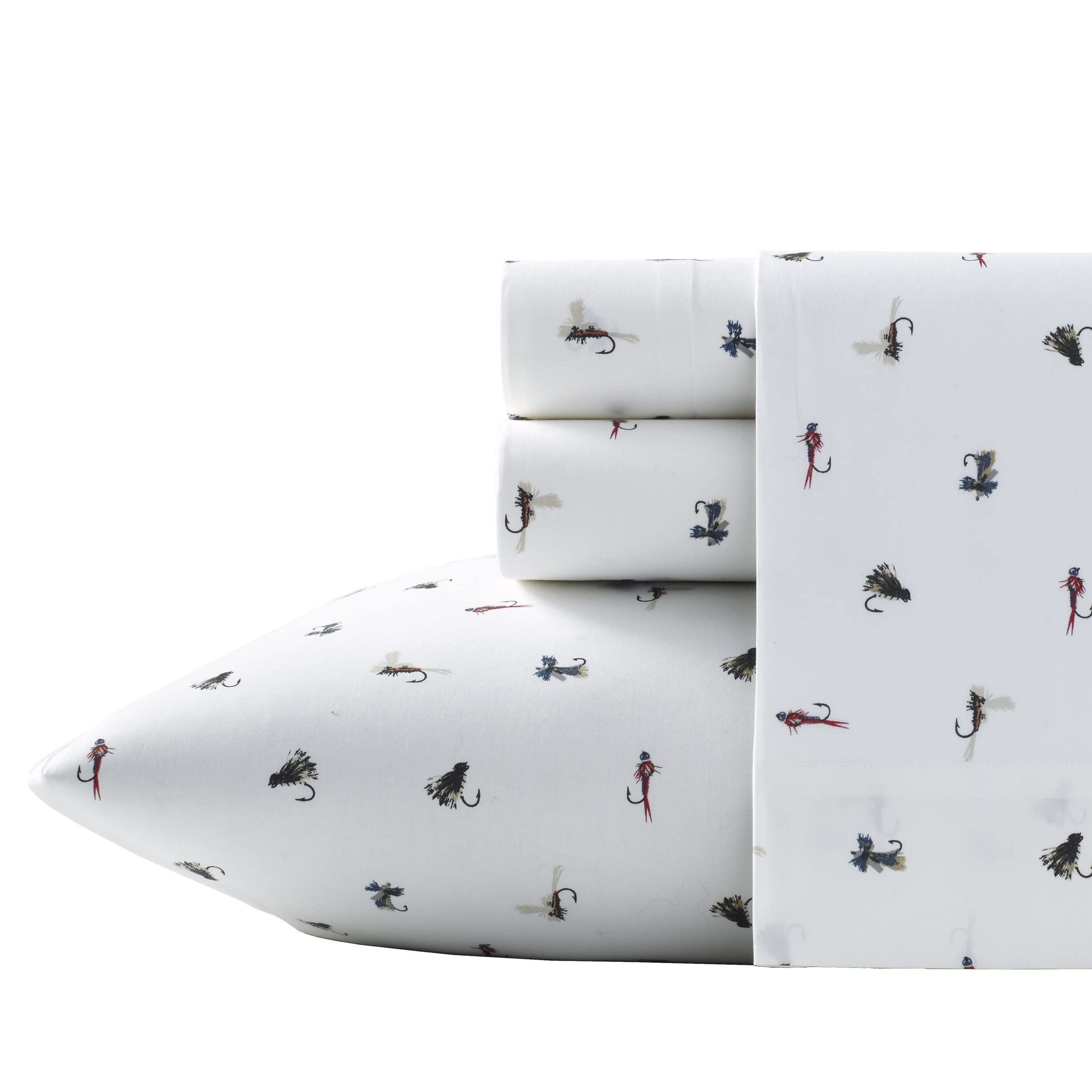 Eddie Bauer - Queen Sheets, Cotton Percale Bedding Set, Crisp & Cool Home Decor (Fishing Flies White, Queen) — image 1