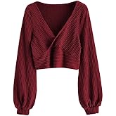 ZAFUL Women's Pullover Ribbed Cropped Knitwear Drawstring Ruched Knitted Crop Top Solid V-Neck Long Sleeve T-Shirt