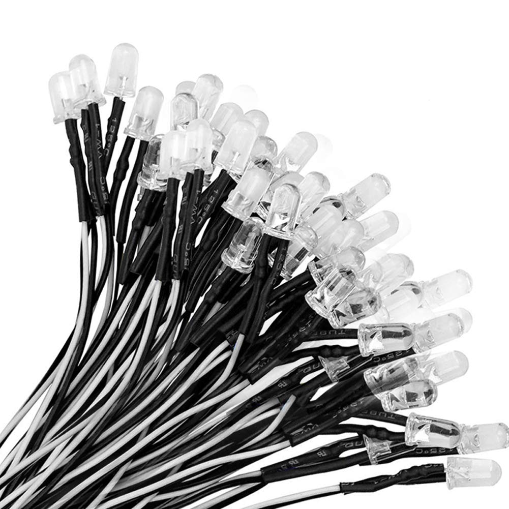 YIXISI 100 PCS 5mm LED Diodes Light, Emitting Diode, Round Head LED Lamp, Ultra Bright 12V, 20cm Pre Wired, Cold White — image 1