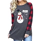 Women's This is My Christmas Movies Watching Shirt Long Sleeve Raglan Snowman T-Shirt Plaid Splicing Tops