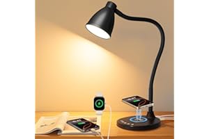 BOHON Desk Lamp for Home Office, LED Desk Light with USB C+A Charging Ports, Wireless Charger, 5 Colors Stepless Dimming Reading Light Timer, Touch Bedside Table Lamp for College Dorm Room Black