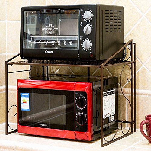 MAGO Multi-Function 2 Layers Double Deck Metal Microwave Oven Shelf Storage Racks Side ,Kitchen Storage Organiser Cabinet, 3 Colors, 55 36 47cm (Color : Brown)