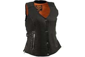 Milwaukee Leather MLL4565 Women's Black Fringed Leather Rivet Detail Side Buckle and Zipper Motorcycle Rider Vest