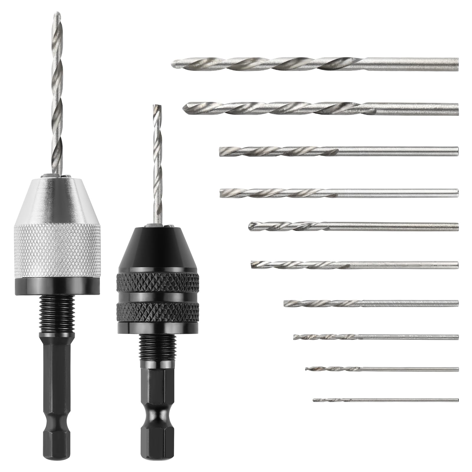 2 pieces keyless drill chuck, 1/4 inch hex shank drill adapter, 0.3-6.5 mm and 0.3-3.6 mm 3-jaw drill chuck, keyless drill chuck with 10 x 0.8-3.0 mm drill set for conversion tool