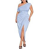 Floerns Women's Plus Size Asymmetrical Neck Long Dress Ruched Slit Hem Cocktail Dress