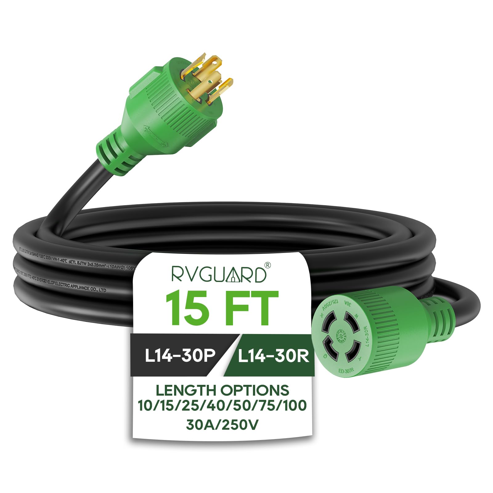 Photo 1 of RVGUARD 4 Prong 30 Amp 15 Foot Generator Extension Cord, NEMA L14-30P/L14-30R, 125/250V Up to 7500W 10 Gauge SJTW Generator Cord, ETL Listed