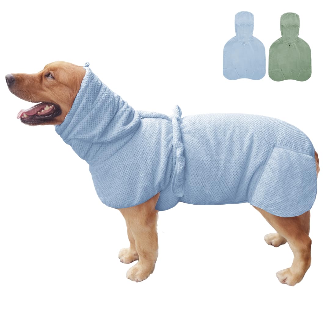 Photo 1 of KOOGAL Medium to Large Size Dog Bathrobe, Quick Drying Super Absorbent Used for After Bathing, Warm Dog Towels, Adjustable Hoodies and Belts for Pet Dogs Bath Clothes Products (Blue Jacquard, 3XL)