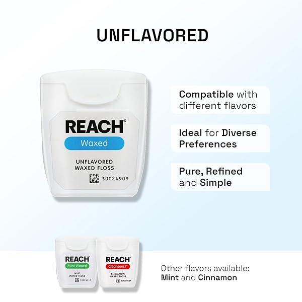 REACH WAXED DENTAL FLOSS,UNFLAVORED, PLAQUE REMOVER FOR TEETH, SHRED RESISTANT, FLOSS SLIDES SMOOTHLY, EASY TO USE, WAXED, DEEP CLEANING TEETH, ORAL CARE, PFAS FREE, FOR ADULTS & KIDS, 1 PACK, 55 YD