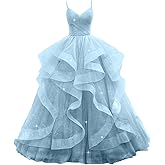 XSIATO Glitter Tulle Prom Dresses Spaghetti Straps Ball Gowns for Women Puffy Tiered Formal Evening Party Dress