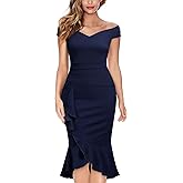 Knitee Women's Off Shoulder V-Neck Ruffle Pleat Waist Bodycon Evening Cocktail Slit Formal Dress
