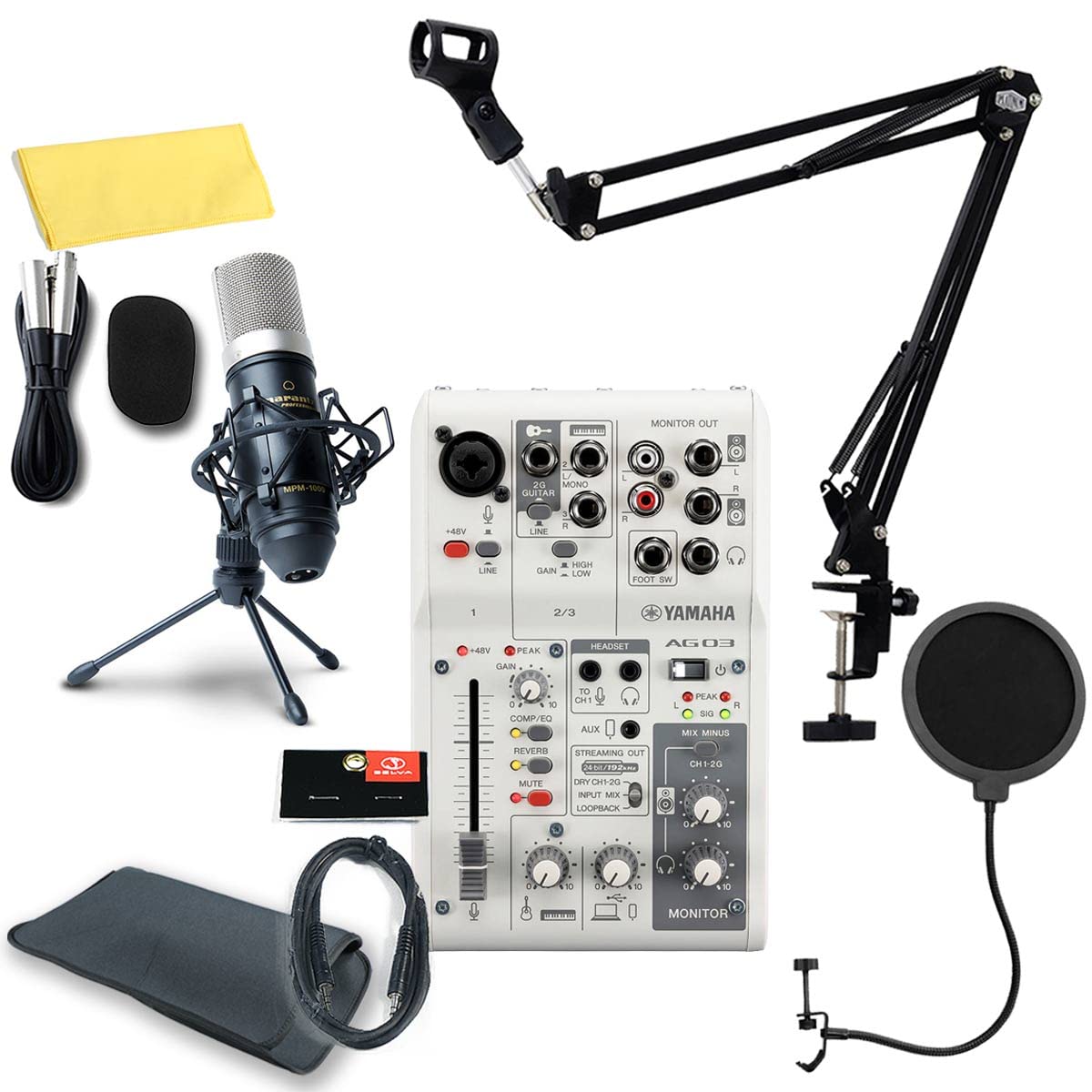 YAMAHA / AG03MK2 WHITE PCユーザー向け 配信/DTMセット -コンデンサーマイク、ポップブロッカー、アームスタンド、AUXケーブル-商品画像