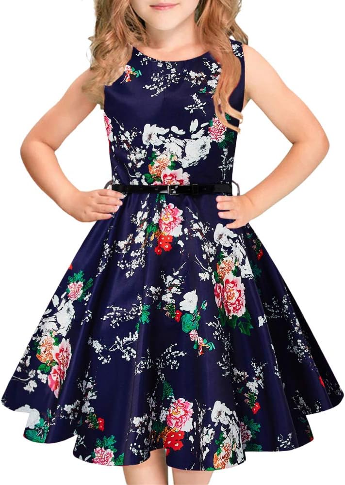 IDGREATIM Girls Sleeveless Dress Kids Audrey Vintage Serenity 50's Girls Dress with Belt for School