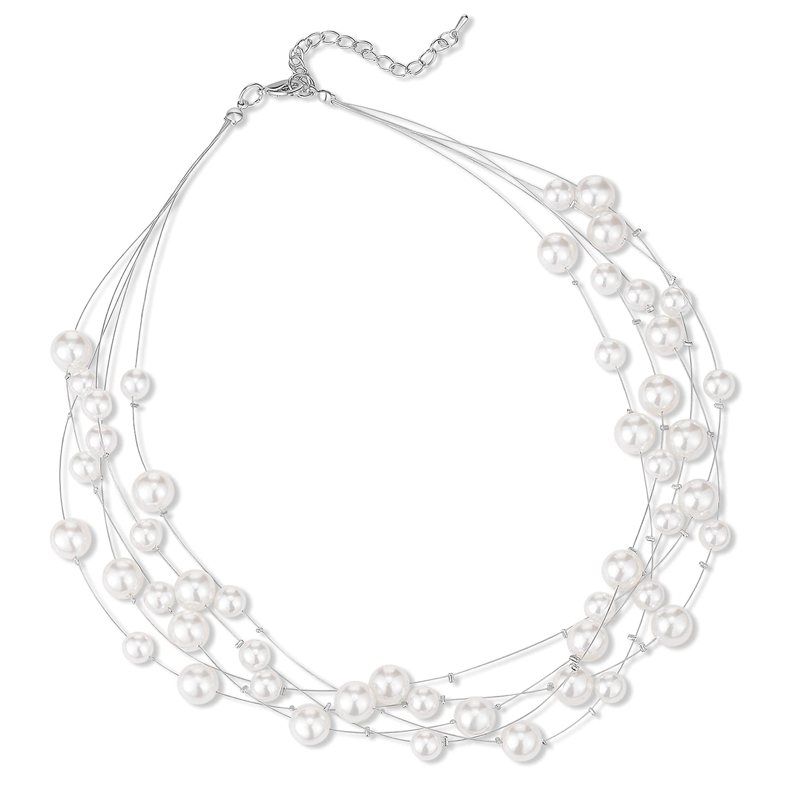 FULU AUTUMN Layered Pearl Necklace Beaded Silver Choker Handmade Boho Statement Costume Necklaces Fashion Jewellery Gifts for Women(White)