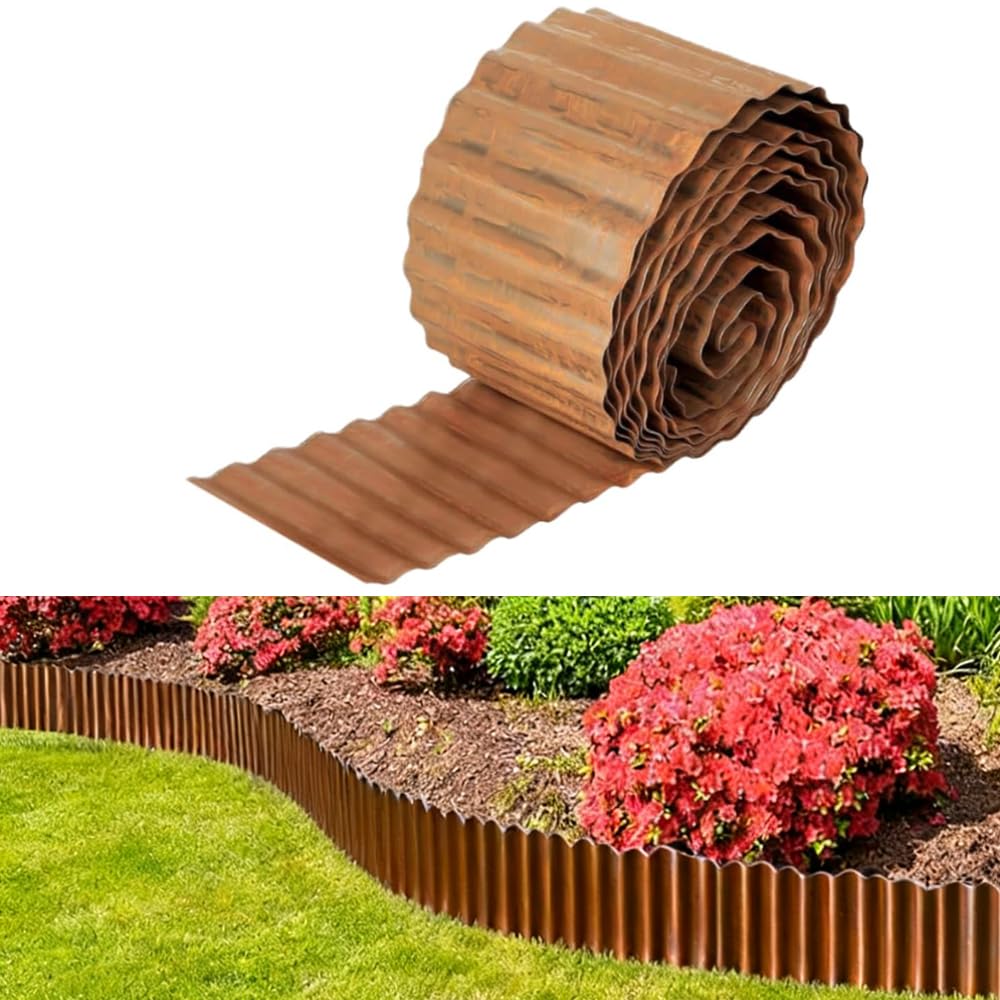 Corrugated Garden Edging Borders, Metal Lawn Edging Heavy Duty Galvanised Steel Landscape Edging Plant Border, DIY Raised Garden Flower Bed for Yard Paver Edging (Brown-6in *40 ft)