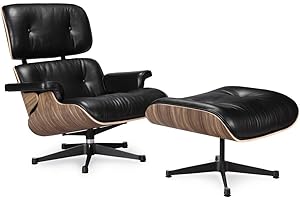 Italian Leather Modern Lounge Chair and Ottoman, Black Leather with Walnut Finish