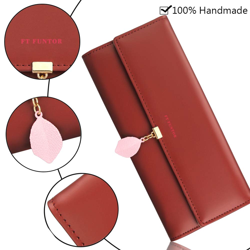 FT Funtor RFID Wallets for Women, Leaf Card Holder Trifold Ladies Wallets Coins Zipper Pocket with ID Window Large Wine Red