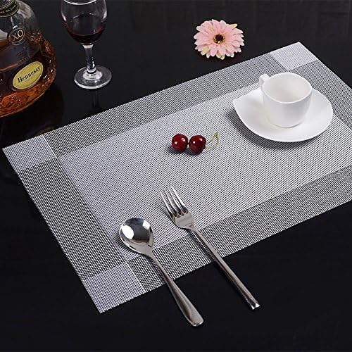 Silver Placemats, Set of 8 by Thinhphoco, Artand Heat-resistant Place mats Stain Resistant, Non-slip Washable PVC Table Mats Woven Vinyl Placemat, 12x18"