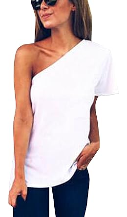 Sommer Damen Oberteile Sexy One Shoulder Kurzarm Tops T-Shirt Mode Einfarbig Hemden Bluse Tee Shirts