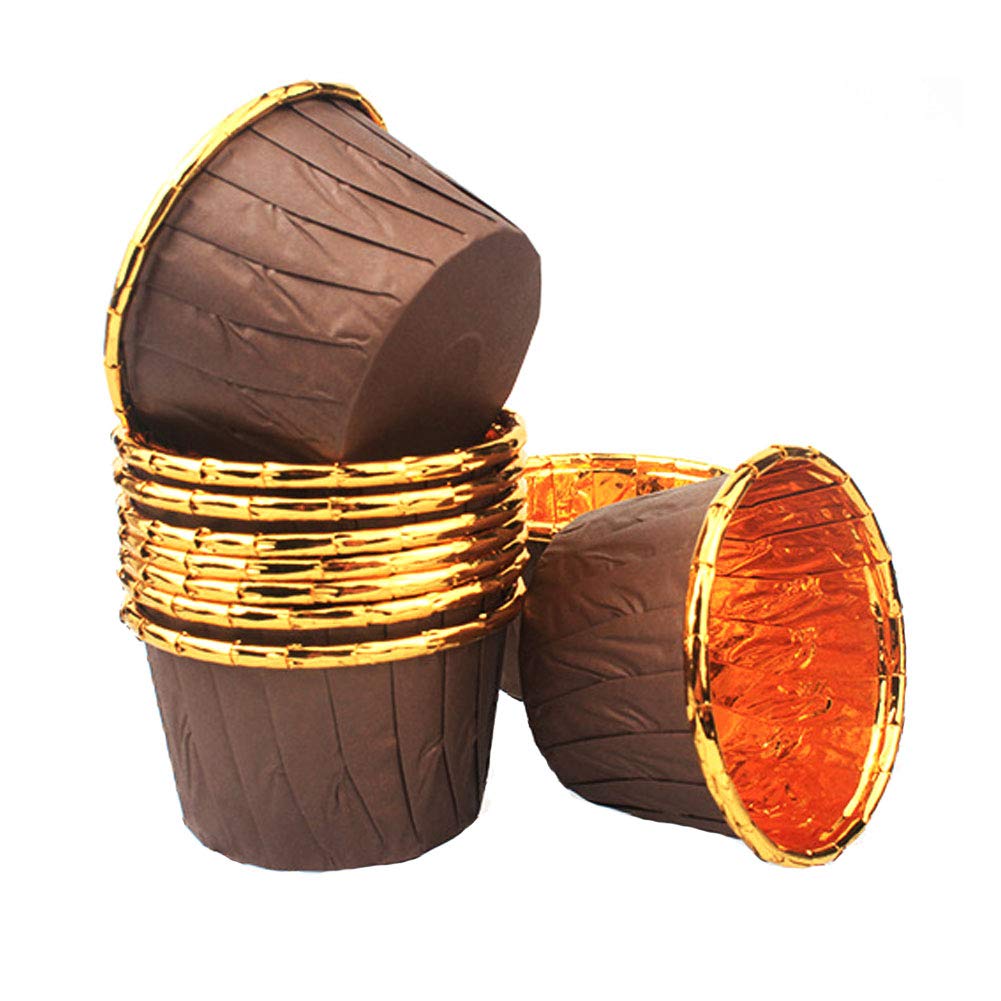 Spesh 50 Pcs Cupcake Cases Disposable Muffin Liners Foil Cupcake Cups Oil Proof Baking Cups for Birthday,Wedding,Christmas(Brown-Gold)