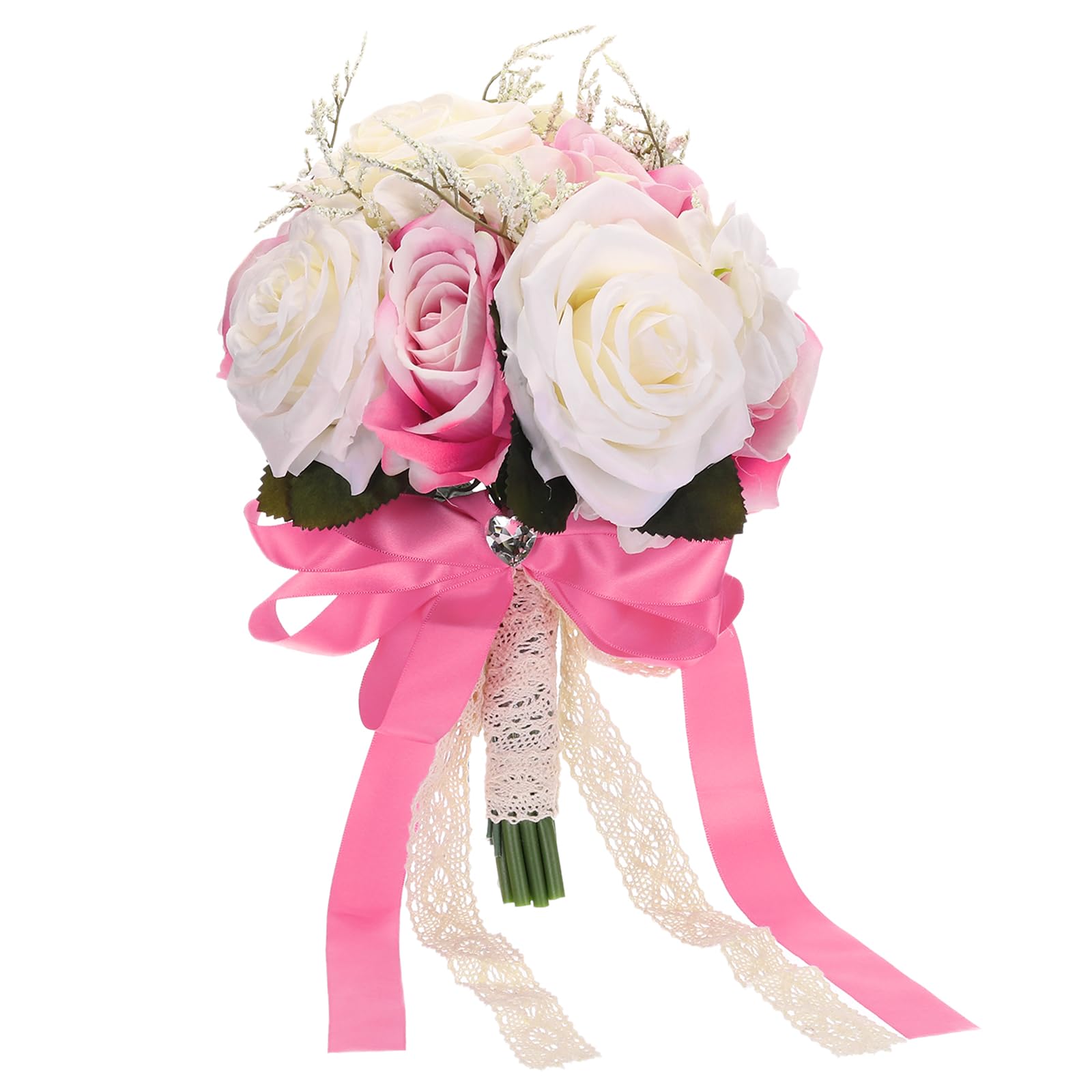 PATIKIL Artificial Bridal Bouquet, Bride Bouquets Wedding Flowers Bouquets with Silk Ribbon for Bride Bridesmaid Wedding Ceremony, White, Rose Pink