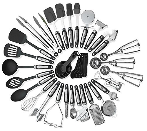 Kitchen Utensils Sets 39 Pieces- Stainless Steel And Nylon Gadgets- Turners, Spoon, Ladle, Tongs, Spatulas, Cutter, Potato Press, Brush, Strainer Whisk, And More - By Kitch N  Wares