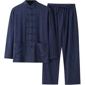 YOUYING Cotton Linen Sets Men Tang Suit Long Sleeve Button Up Kung Fu Shirt and Wide Leg Pants Chinese Style Summer Beach Set