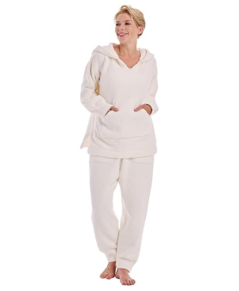 ISTYLISH WOMENS FLEECE PAJAMAS SETS 2 PIECE SHERPA PAJAMA LONG SLEEVE SOFTIES LOUNGEWEAR SET FUZZY FLANNEL FOR WOMEN HOODED(CREAM L)