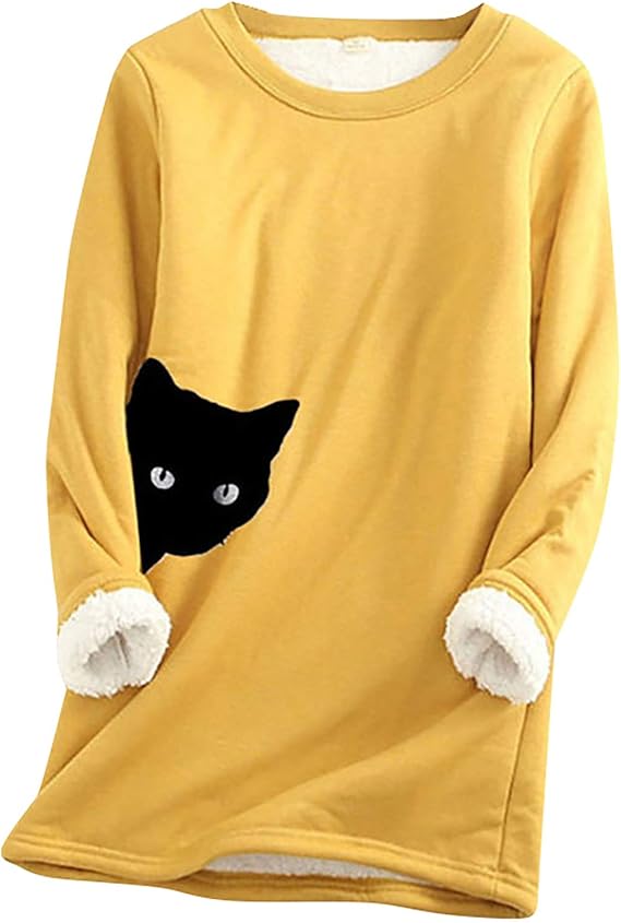 Amazon Jonnia パーカー レディース 裏起毛 ロング フードなし ゆったりトレーナー 韓国風 可愛い ワンポイント 猫 プリント トップス 裏起毛 部屋着 ふわふわ プルオーバー ロングパーカー 大きいサイズ 体型カバー トレーナー パーカー 通販