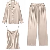 Ekouaer Silk Pajamas for Women Set Long Sleeve Button Down Lounge Set Soft 3 Piece Pj Sets Sexy Cami Top and Long Pants S-XXL