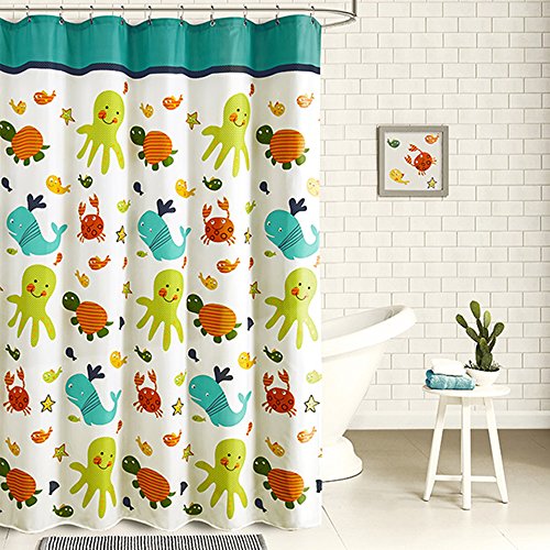 Kids Shower Curtain, Wimaha Fabric Shower Curtains Soft Funny Shower Curtain Cartoon Animal Print Eco-friendly for Children’s Bathroom Bathtub, Tortoise and Fish, 72W x 72L