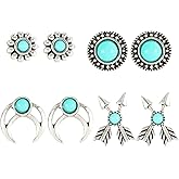 QLUYCKW 4 Pairs Turquoise Stud Earrings Set Handmade Tiny Geometric Round Flower Earrings Boho Vintage Western Antiqued Turquoises Stud Earrings Trendy Statement Jewelry