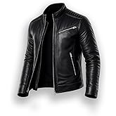 FINCHESCLUB Mens Leather Jacket Cafe Racer Motorcycle Jacket - Black Leather Winter Jacket for Men - Genuine Lambskin Leather