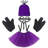 TANTAKO 5Pcs Purple Costume Accessories Set with Goggles Purple Beanie Tutu Suspenders and Three Fingered Gloves. (With Hair)