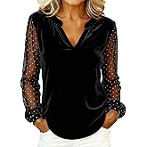 FUTARRIO Women's Velvet V-Neck Tops with Mesh Sleeves, Polka Dot Mesh Long Sleeve, Clothing