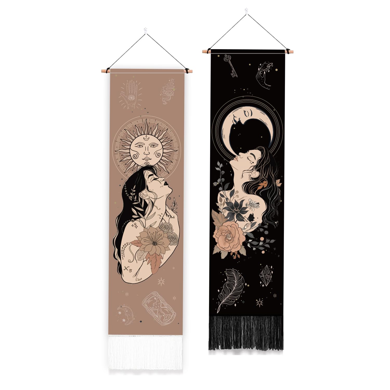 PLIGREAT 2 Pack Boho Sun Moon Tapestry Vintage Vertical Wall Hanging with Tassels Aesthetic Wall Tapestry for Bedroom Bathroom Living Room Wall Hanging Home Art Decor Housewarming Gift, 2 Colors