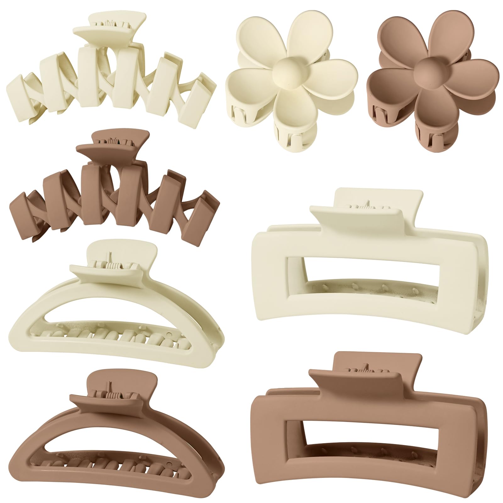 8Pcs Assortment Large Claw Clips for Women,Flower Claw Clips for Thick Hair,Non-Slip Hair Accessories with Multi-Styles,Neutral Colors (Beige/Milk coffee)