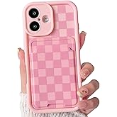 Lovmooful Compatible for iPhone 16 Case Cute Color Checkerboard Lattice Plaid with Card Holder Design for Girls Women Soft TPU More Shockproof Protective Girly for iPhone Case-Pink