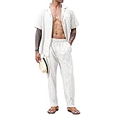 Lexiart 2 Piece Set for Men Beach Outfits Cuban Collar Button Down Shirt Darwstring Pants