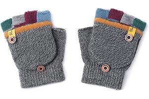 CNGYNI Kids Winter Gloves, Warm Knitted Convertible Fingerless Gloves for Baby Boy Girl with Mittens Cover Cap